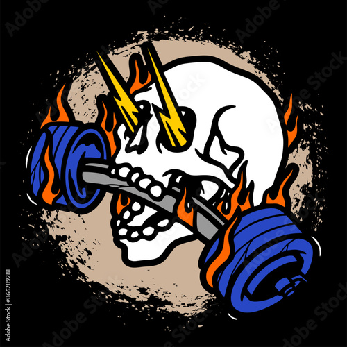 vector illustration tracing artwork of The skull bites the barbell and the eyes pop out with lightning. Can be used as Logo, Brands, Mascots, tshirt, sticker,patch and Tattoo design.