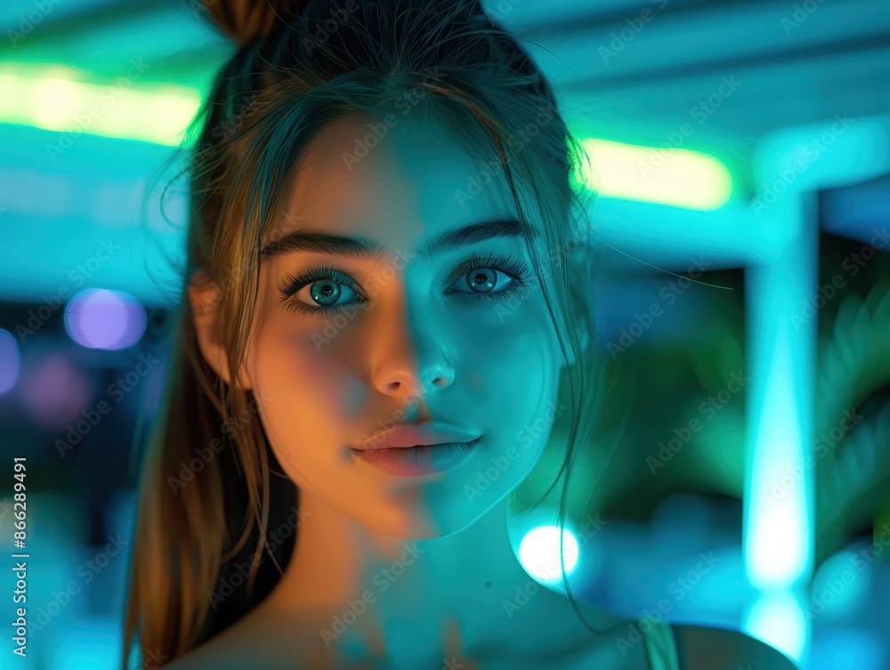 Beautiful Young Woman with Soft Makeup and Neon Lighting in Urban Night Setting
Beautiful Young Woman with Soft Makeup and Neon Lighting in Urban Night Setting