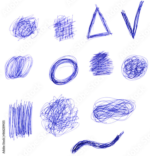 Drawn doodles and various shapes with a blue ballpoint pen on a white background photo