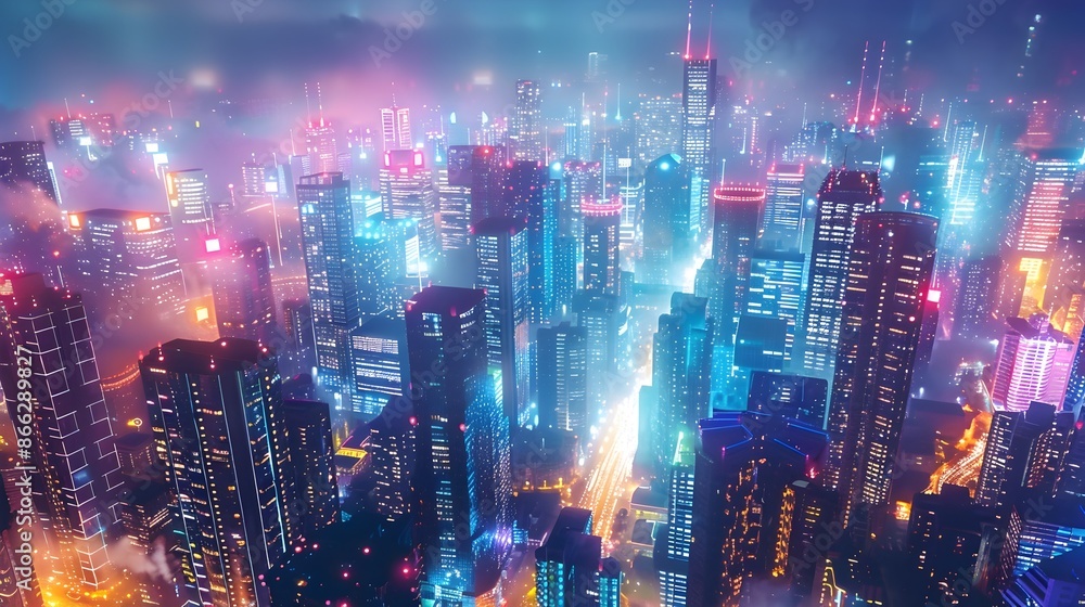 Vibrant Futuristic City Skyline with Interconnected Skyscrapers and Flying Drones at Night Vibrant Futuristic City Skyline with Interconnected Skyscrapers and Flying Drones at Night