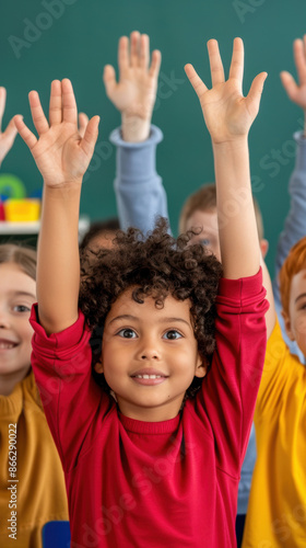 Diverse students raising hands in a colorful classroom, engaged learning, educational banner © SJ Studio
