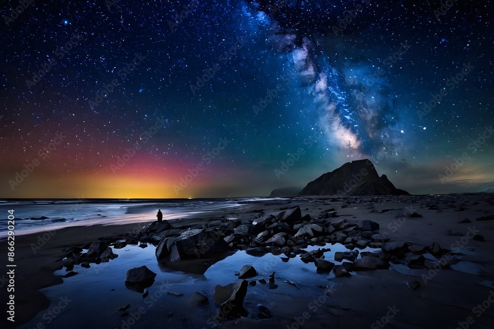 Naklejka premium Stargazing on a Rocky Shore 42