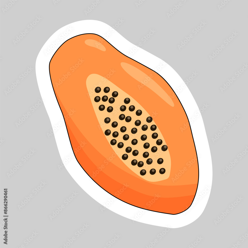 Sticker with ripe papaya fruit in cut, cartoon summer fruit vector Sticker with ripe papaya fruit in cut, cartoon summer fruit vector