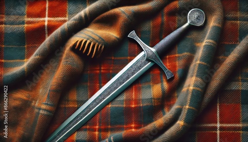 Medieval sword on Scottish tartan kilt, top view photo