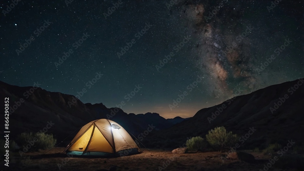Tent under the Stars, a tent pitched in a scenic spot with a night sky overhead, filled with stars and possibly the Milky Way Tent under the Stars, a tent pitched in a scenic spot with a night sky overhead, filled with stars and possibly the Milky Way