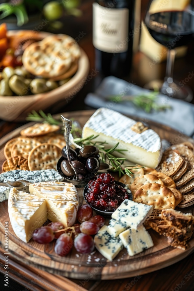 Gourmet Cheese Platter with Grapes, Nuts, and Meats on Wooden Board Gourmet Cheese Platter with Grapes, Nuts, and Meats on Wooden Board