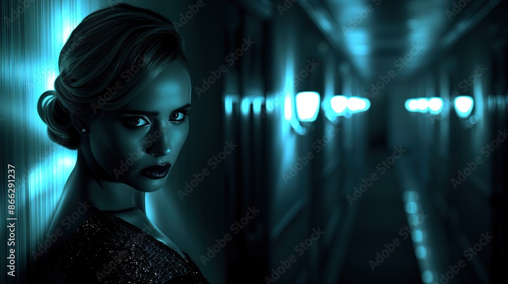 Mysterious Woman in Dark Hallway with Dramatic Lighting and Elegant Updo
Mysterious Woman in Dark Hallway with Dramatic Lighting and Elegant Updo