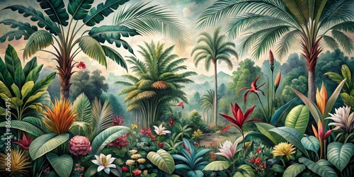 Vibrant retro mural photo wallpaper featuring a lush jungle scene with graceful leaves and exotic flowers on a tropical forest vintage background.