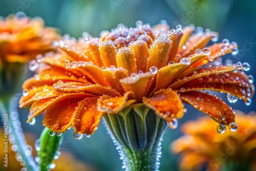 Vivid orange marigold stem coated in sticky resin, glistening with tiny droplets, intricate texture and delicate hairs visible in extreme macroscopic detail. photo