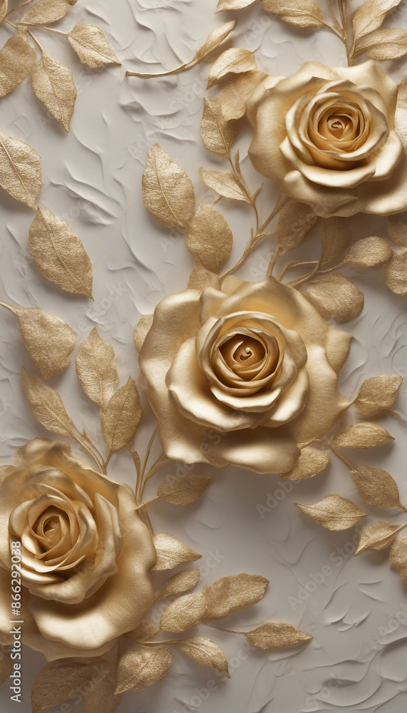 Decorative wall design with golden roses and leaves on textured plaster background Beautiful and ele Decorative wall design with golden roses and leaves on textured plaster background Beautiful and ele