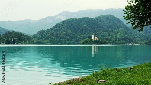 The Assumption of Mary Pilgrimage Church on a small island in the middle of the lake Bled