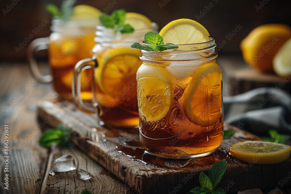Iced tea with lemon and mint in a mason jar Iced tea with lemon and mint in a mason jar
