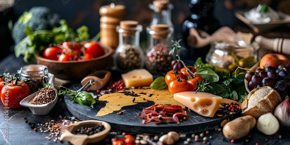 World map centerpiece surrounded by foods from different countries. Concept Cultural Food Display, World Map Centerpiece, Global Cuisine Showcase World map centerpiece surrounded by foods from different countries. Concept Cultural Food Display, World Map Centerpiece, Global Cuisine Showcase