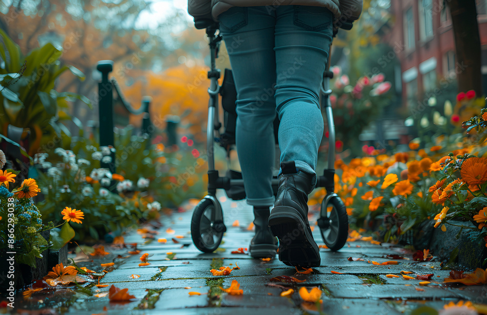 Fototapeta premium .A person using a walker to walk in the park.