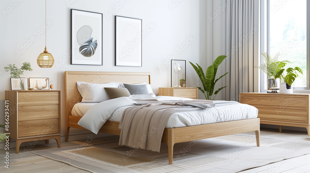 Fototapeta premium A Scandinavian male bedroom with white walls, light wood furniture, and minimal decor.