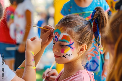 Fototapeta Naklejka Na Ścianę i Meble -  Girl gets her face painted at a summer party, filled with joy and colorful designs by a skilled artist