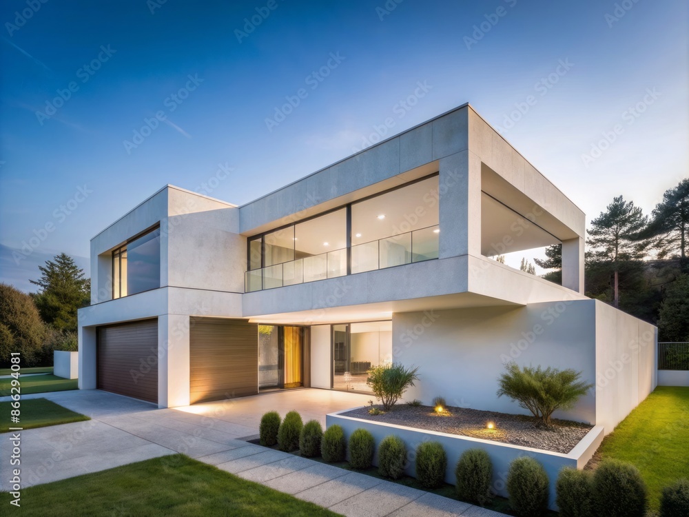 Modern minimalist house featuring sleek clean lines, white concrete facade, and a minimalist design that exudes serenity and sophistication in a natural surroundings. Modern minimalist house featuring sleek clean lines, white concrete facade, and a minimalist design that exudes serenity and sophistication in a natural surroundings.