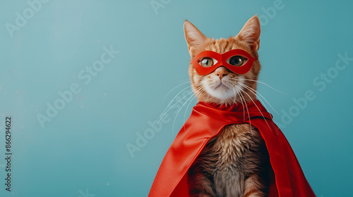 Adorable cat in red superhero cape and mask on light blue background, space for text,Funny cat wearing glasses and fashion sweater on pink background,Majestic orange tabby cat wearing a vibrant red 

