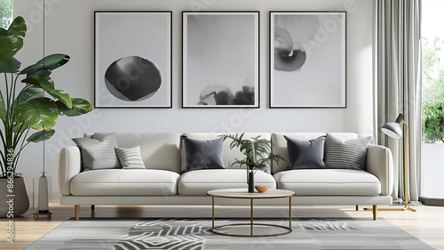 Living room with three framed artworks above a couch, in the style of monochrome abstraction, 