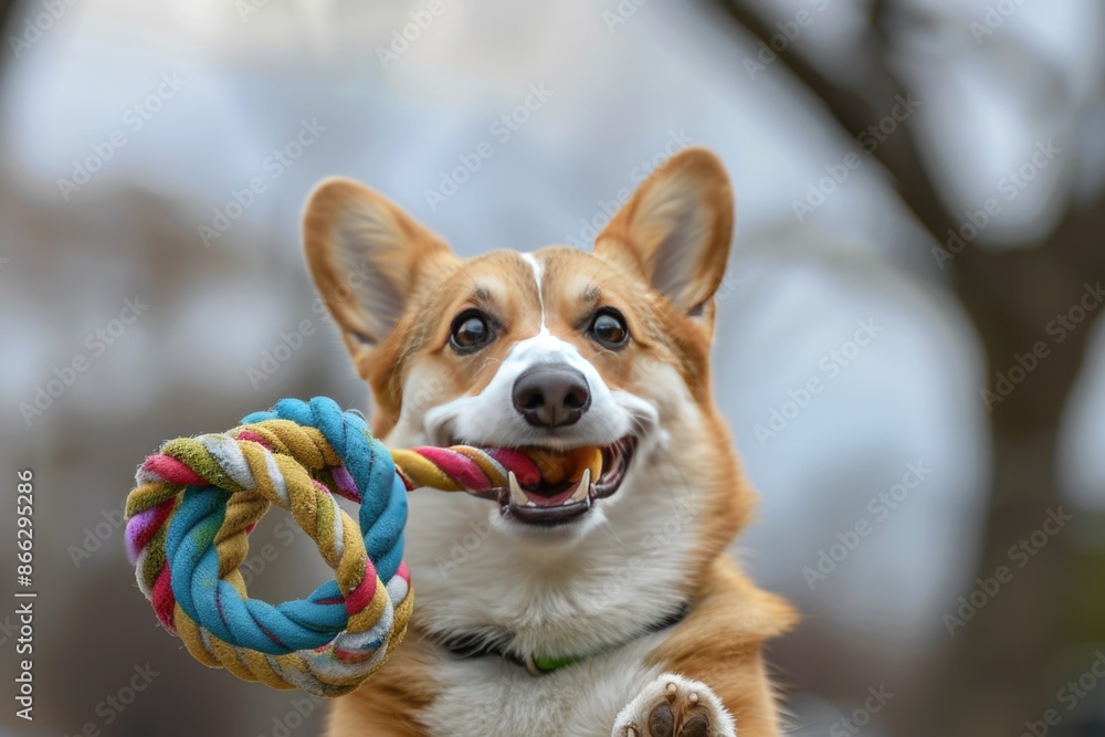 Corgi dog bites a toy. Pull ring Corgi dog bites a toy. Pull ring