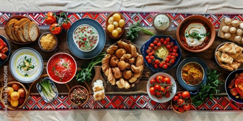 Covered table with traditional Ukrainian food, top view, horizontal