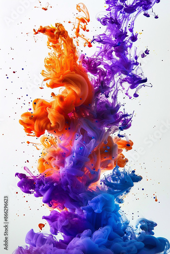 A dynamic mix of orange, purple, and blue ink in water, forming intricate patterns and representing creativity and fluidity.
