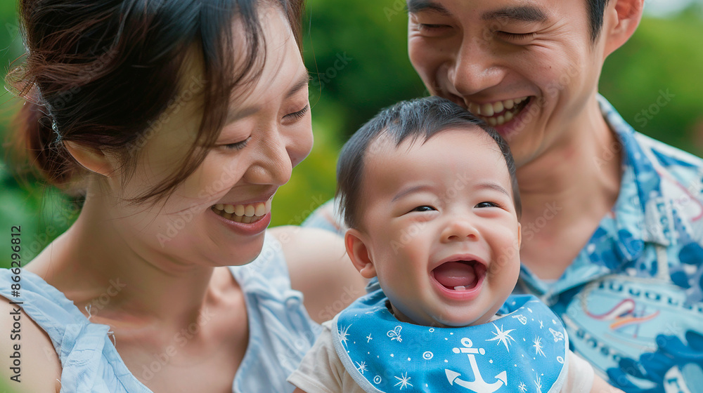 Asian parents with their baby boy laughing together outdoors. The image captures pure joy and a strong family bond in a natural setting. Asian parents with their baby boy laughing together outdoors. The image captures pure joy and a strong family bond in a natural setting.