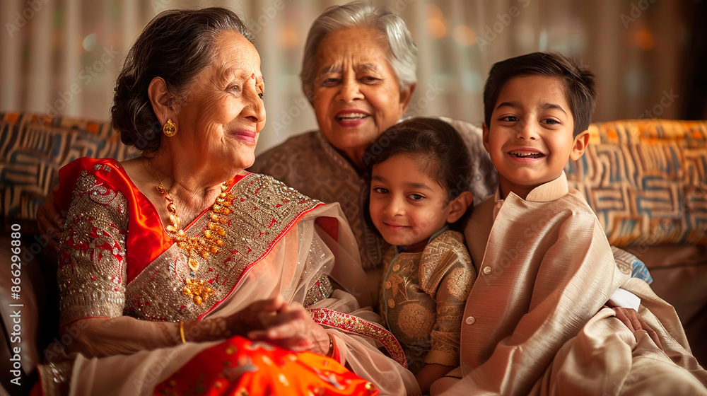 Grandparents with their grandchildren in traditional attire, smiling and sharing a happy moment. The setting showcases family heritage and generational bonding. Grandparents with their grandchildren in traditional attire, smiling and sharing a happy moment. The setting showcases family heritage and generational bonding.