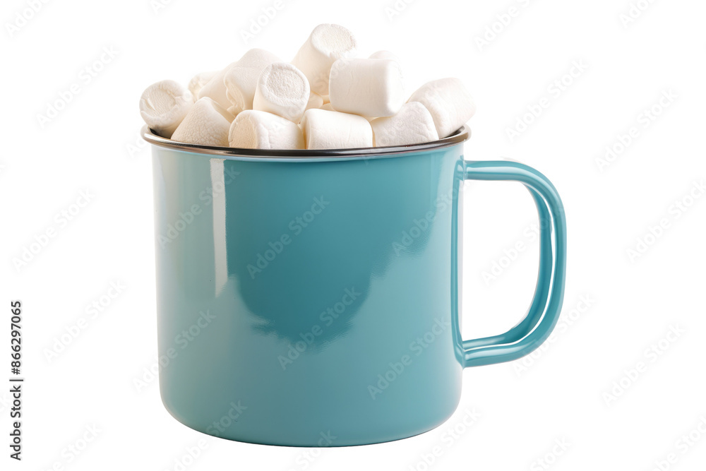 Marshmallows in enamel blue cup isolated on transparent background Marshmallows in enamel blue cup isolated on transparent background