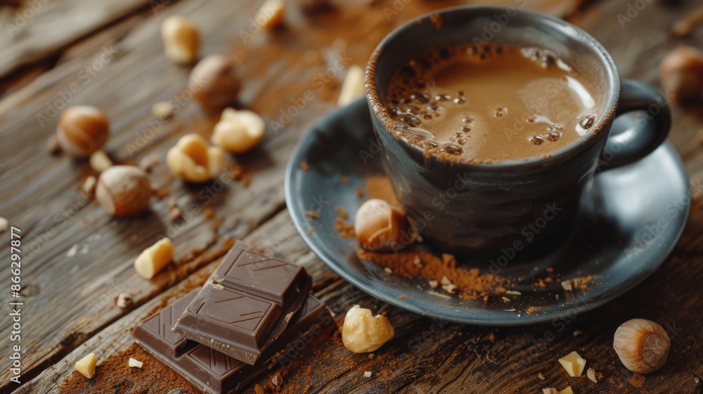 Cup of coffee and chocolate. Milk chocolate with hazelnuts and black coffee on a wooden table Cup of coffee and chocolate. Milk chocolate with hazelnuts and black coffee on a wooden table