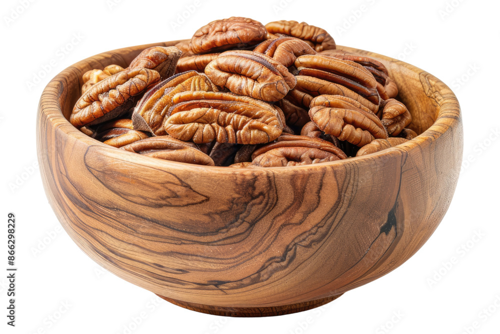 Pecans in wooden bowl isolated on transparent background Pecans in wooden bowl isolated on transparent background
