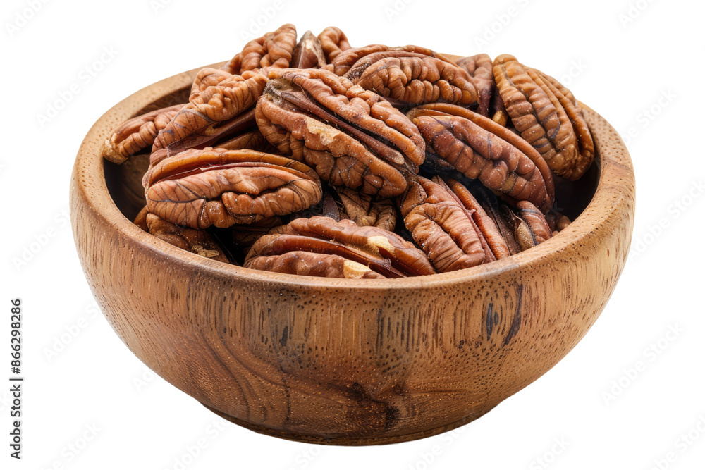 Pecans in wooden bowl isolated on transparent background Pecans in wooden bowl isolated on transparent background