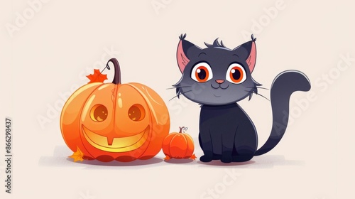 Cute cartoon cat pumpkin. Halloween illustration