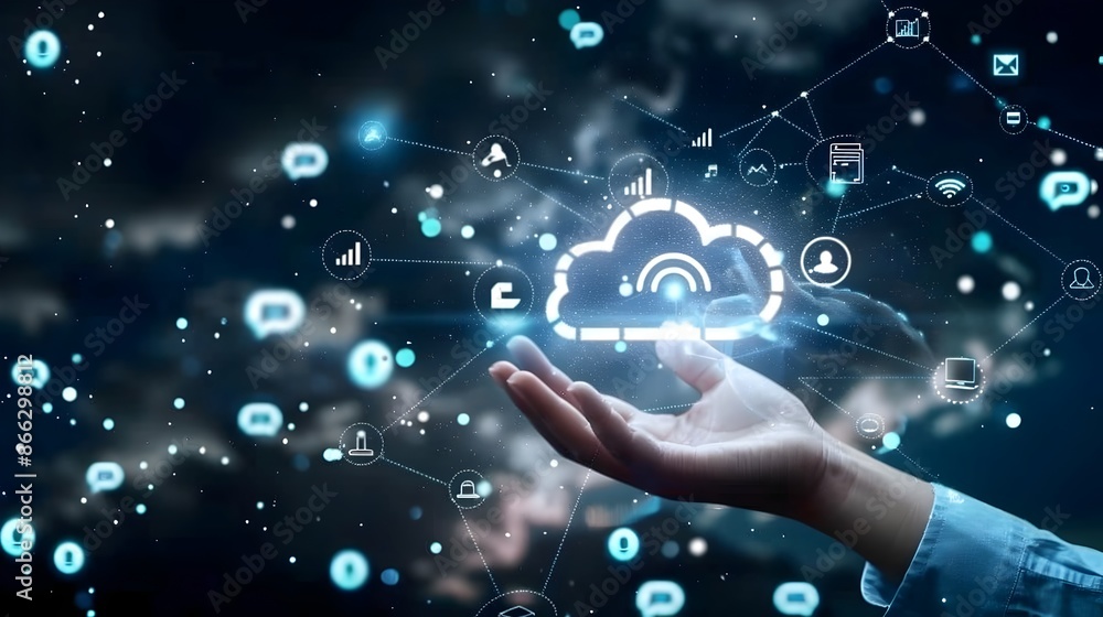 Hand Touching Digital Cloud with Business Icons for Technology Interaction Hand Touching Digital Cloud with Business Icons for Technology Interaction