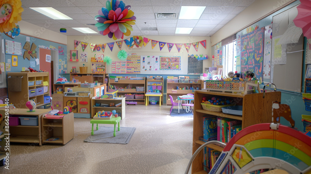 An empty daycare center classroom, showcasing neatly arranged small furniture, shelves with toys and books, vibrant decorations, and a welcoming atmosphere. An empty daycare center classroom, showcasing neatly arranged small furniture, shelves with toys and books, vibrant decorations, and a welcoming atmosphere.