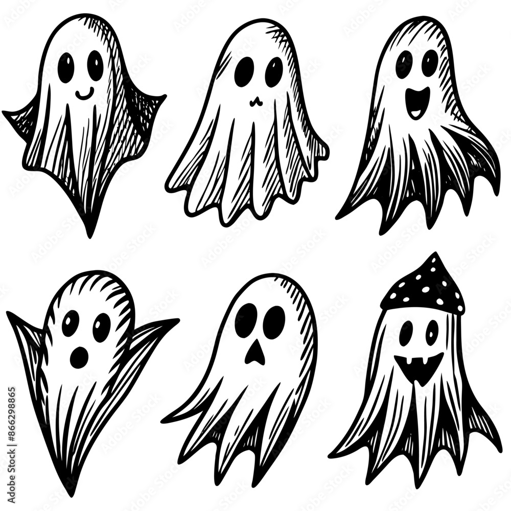 Hand drawn ghosts with different faces on white background Hand drawn ghosts with different faces on white background