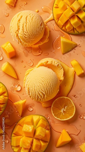 Mango and orange ice cream scoops with fresh mango chunks and orange slices on a peach background, ideal for food, dessert, and summer-themed content