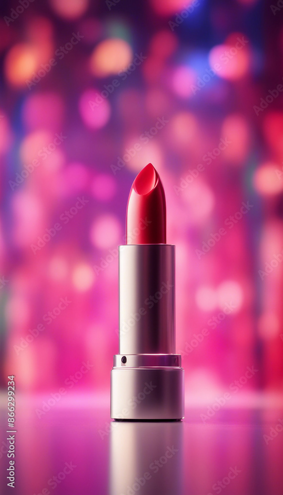 Lipstick standing upright amidst vibrant abstract colored lights on a smooth surface representing a Lipstick standing upright amidst vibrant abstract colored lights on a smooth surface representing a