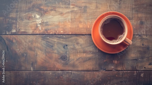 Coffee cup on wooden table with vintage effect top view photos