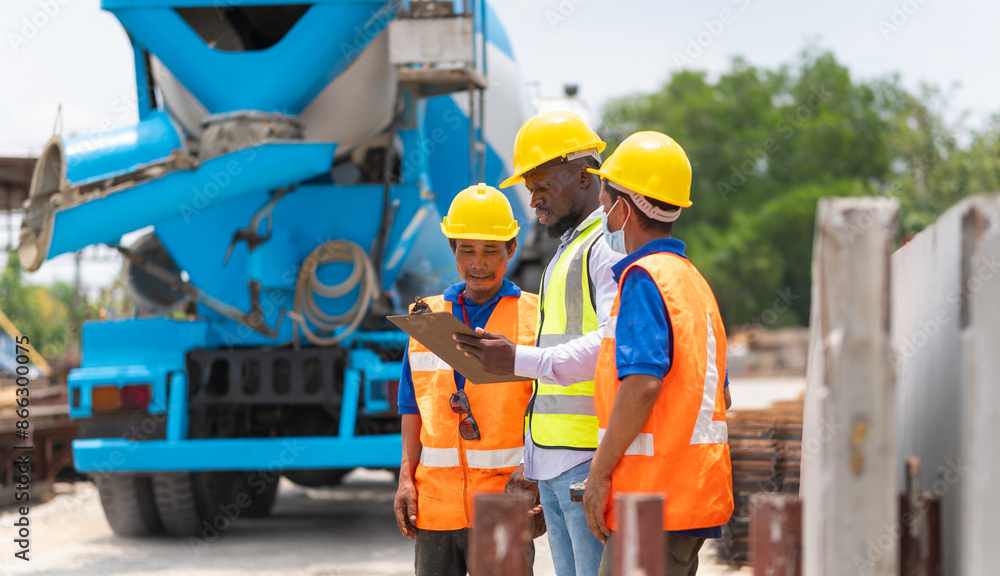 Site manager and builder control concrete truck mixer on construction site, Foreman and workers team meeting for planning project at construction site Site manager and builder control concrete truck mixer on construction site, Foreman and workers team meeting for planning project at construction site