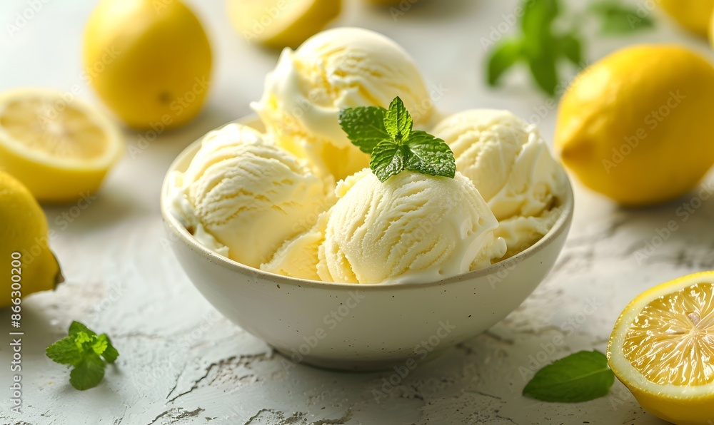 bowl of lemon flavored ice cream garnished with fresh mint, Generative AI bowl of lemon flavored ice cream garnished with fresh mint, Generative AI