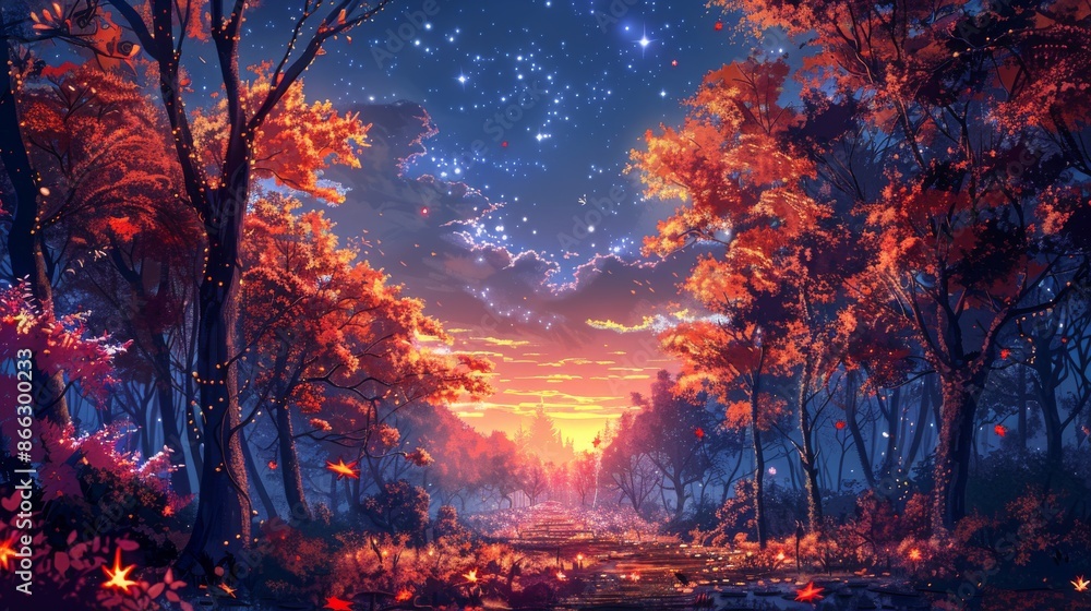 Magical Forest Landscape with Sunset and Stars in the Sky. Fantasy Nature, Autumn Landscape with Trees and Path. Magical Forest Landscape with Sunset and Stars in the Sky. Fantasy Nature, Autumn Landscape with Trees and Path.