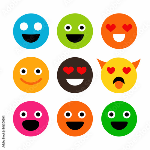 Colorful smiley faces with various emotions on white background