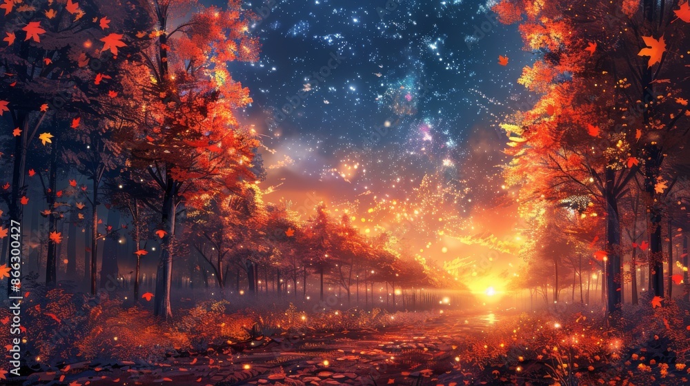 Magical Autumn Forest with Falling Leaves, Bright Sky and Sunset. Digital art illustration of a fantasy nature scene with glowing leaves, and a star-filled sky Magical Autumn Forest with Falling Leaves, Bright Sky and Sunset. Digital art illustration of a fantasy nature scene with glowing leaves, and a star-filled sky