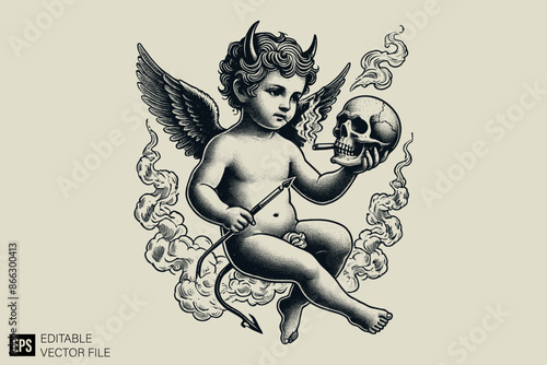 Illustration of Cupid holding skull head for graphic tee design vector