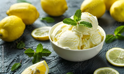 bowl of lemon flavored ice cream garnished with fresh mint, Generative AI photo