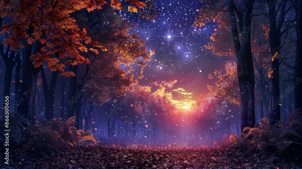 Fototapeta premium Magical forest at night with glowing stars, colorful leaves and sunset. Dreamlike nature scenery.