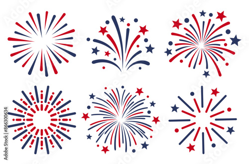 Fireworks on white background, firework clipart no background, 4th of July vector, patriotic, red blue icon set, illustration for Christmas, new year, holiday, birthday, party, carnival, celebration