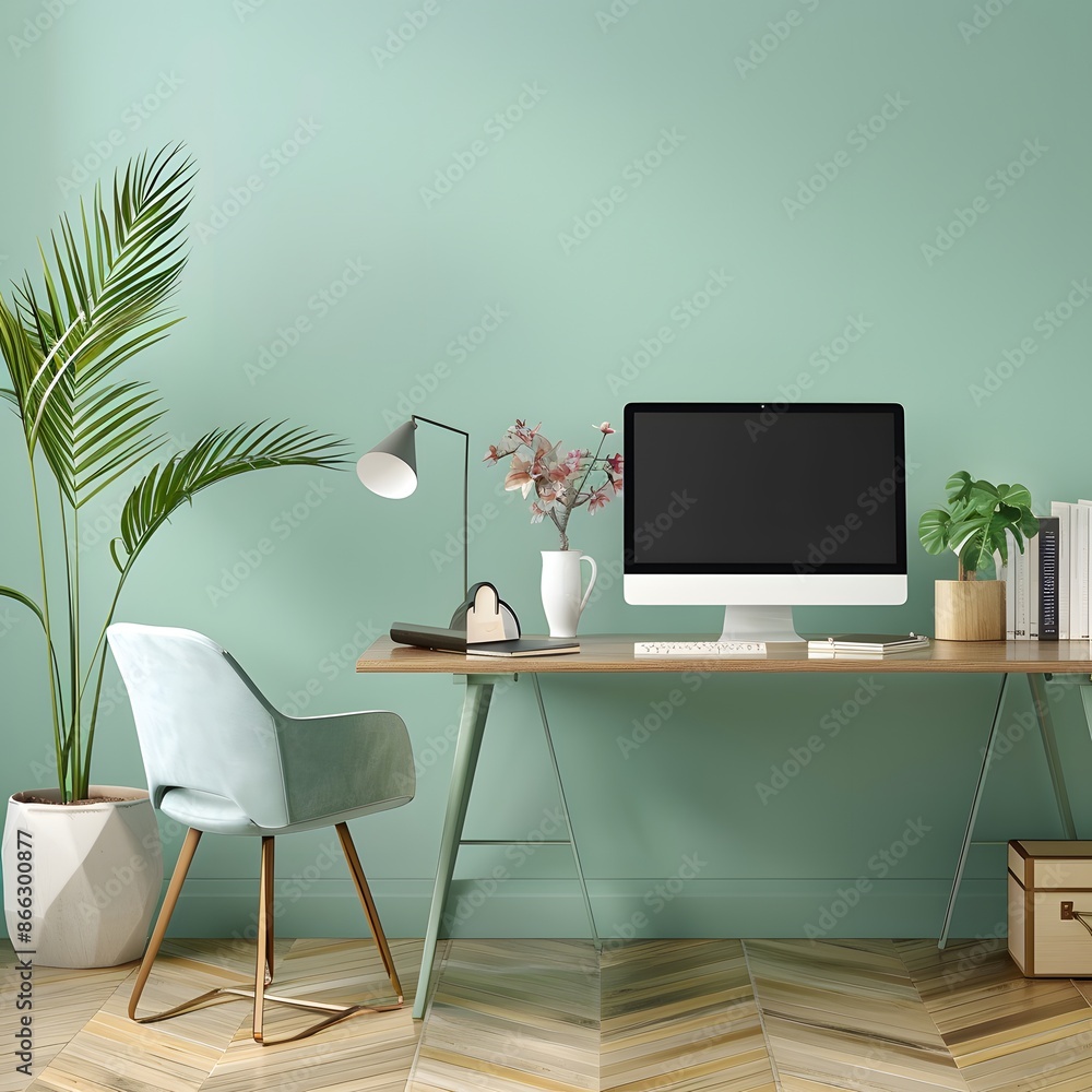 Modern home office interior with mint green wall, desk and computer mock up, simple decor, professional work space concept Modern home office interior with mint green wall, desk and computer mock up, simple decor, professional work space concept