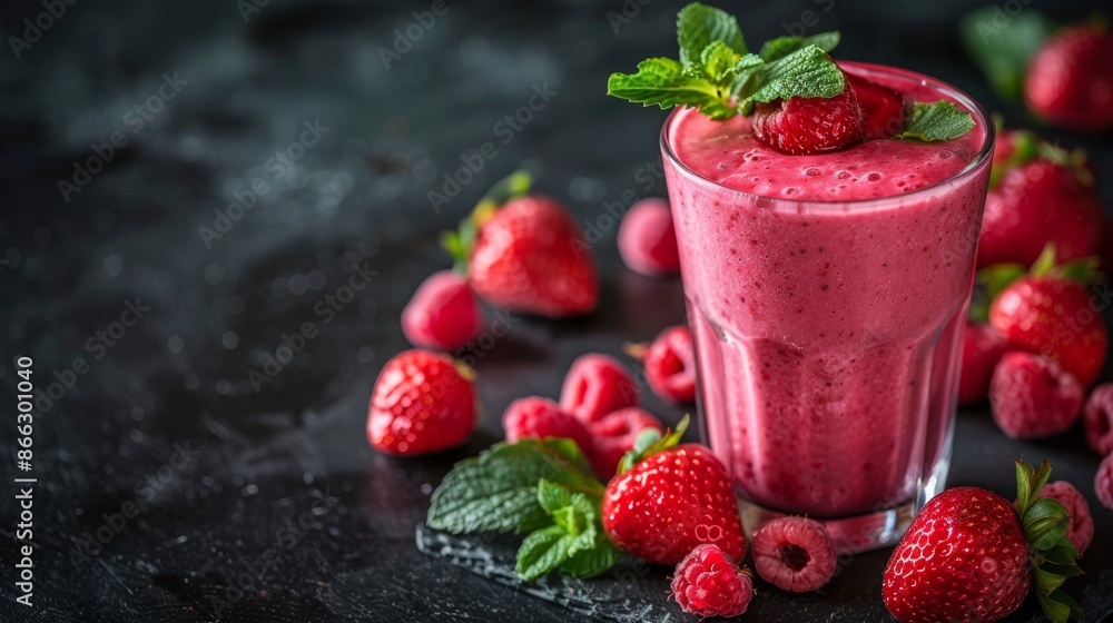 Strawberry and Raspberry Smoothie with Fresh Mint in Glass, Healthy and Delicious Summer Drink Recipe Strawberry and Raspberry Smoothie with Fresh Mint in Glass, Healthy and Delicious Summer Drink Recipe
